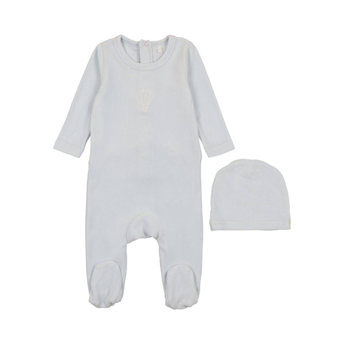 Velour Embroidered Footie and Beanie in Baby Blue