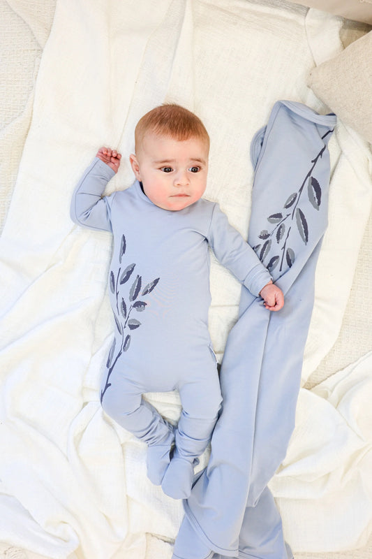 Blooming Leaves Footie and Beanie in Blue