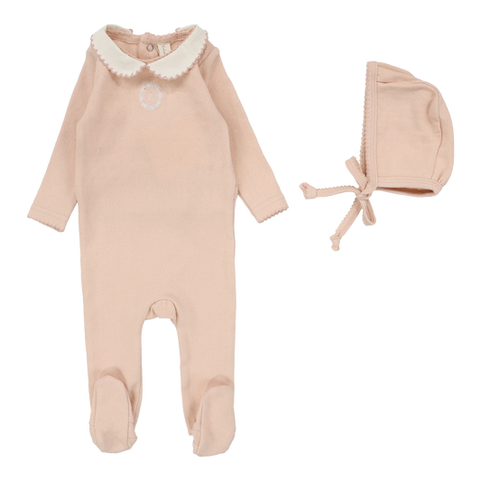 Emblem Embroidered Footie Set in Dusty Pink