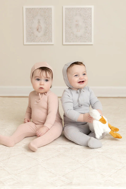 Bird Pointelle Footie and Bonnet in Dusty Blue