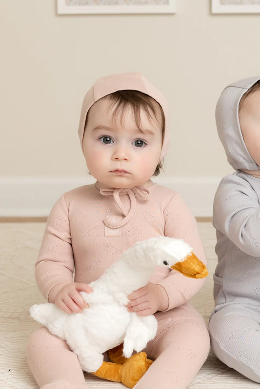 Bird Pointelle Footie and Bonnet in Muted Pink