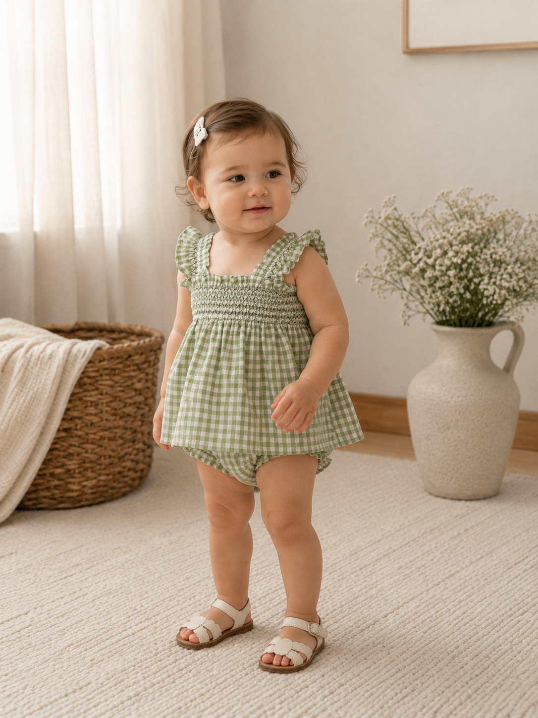 Sage Gingham Smocked Bloomers Set