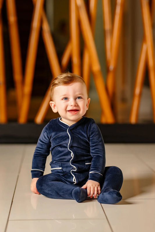 Velour Footie and Beanie in Navy