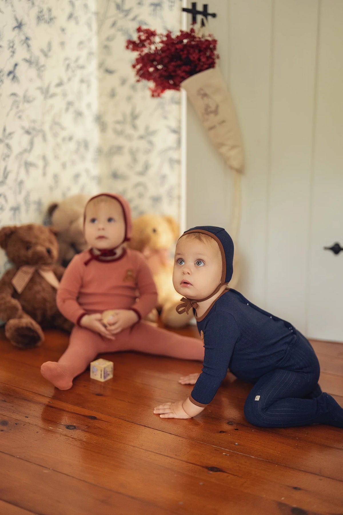 Dusty Pink Pointelle Bear Patch Footie Set
