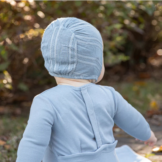 Eyelet Footie and Bonnet in Medium Blue