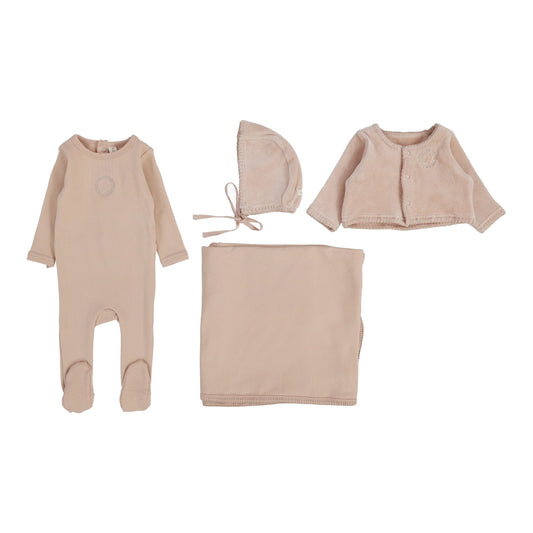 Velour Cardi Layette Set in Dusty Pink