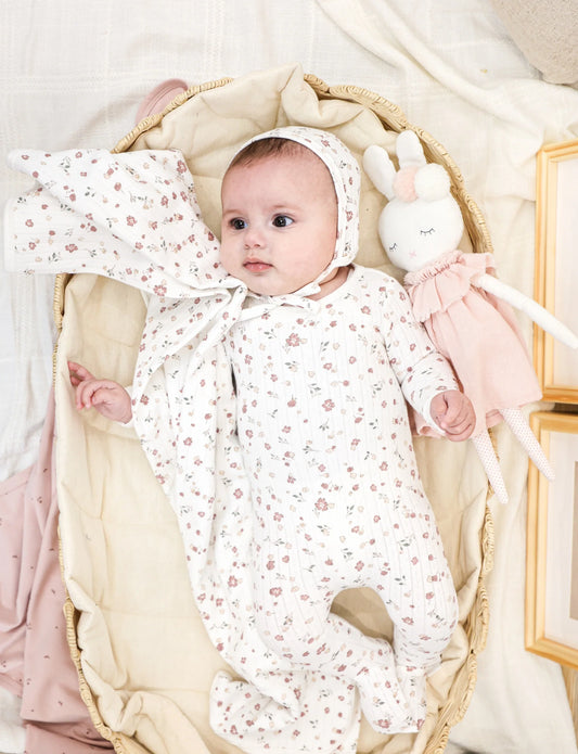 Pointelle Petals Footie and Bonnet in Ivory