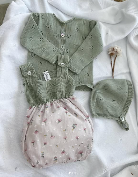 Green Knit Pink Floral Romper