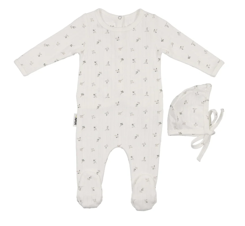 Pointelle Leaves Footie and Bonnet Set in Ivory