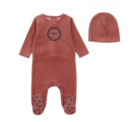 Clock Velour Footie and Beanie in Rhubarb