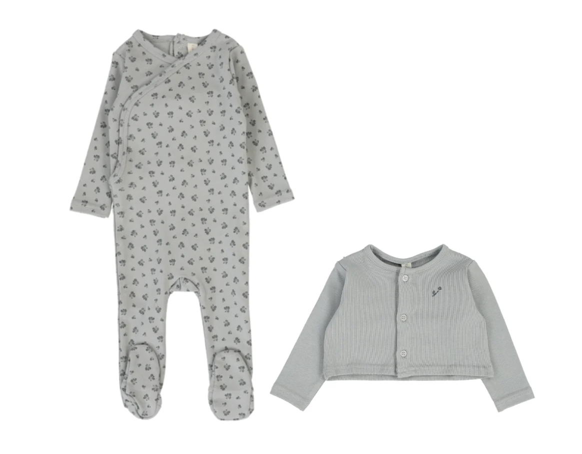Lilette Embroidered Bud Footie & Cardigan - Light Blue