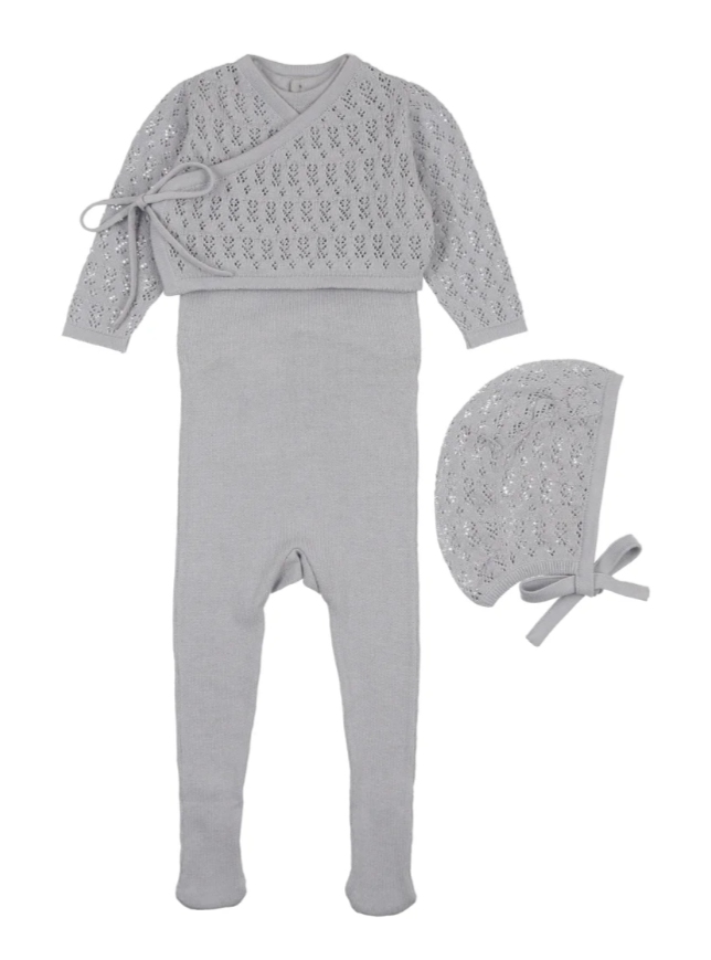 Knit Sleeveless Footie, Cardigan & Bonnet in Light Blue