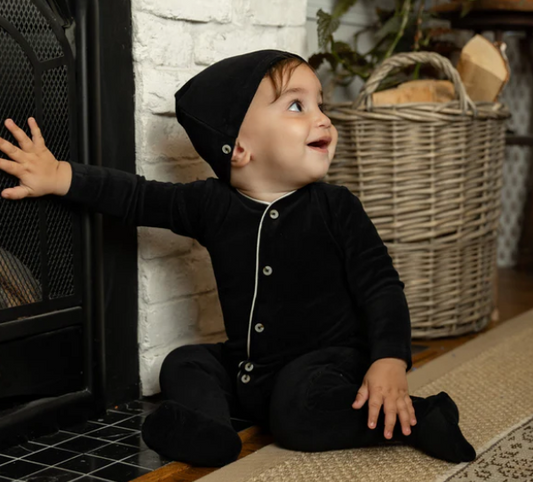 Velour Footie and Beanie in Blackest Black