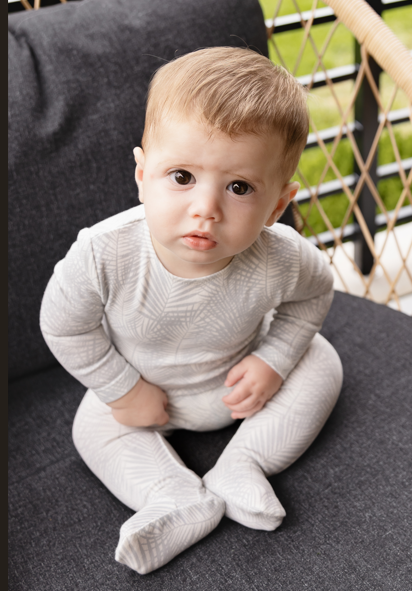 Tropical Print Footie and Beanie in Dusty Blue