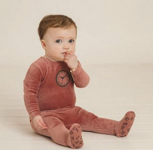 Clock Velour Layette Set in Rhubarb