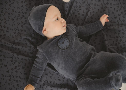 Clock Velour Footie and Beanie in Navy
