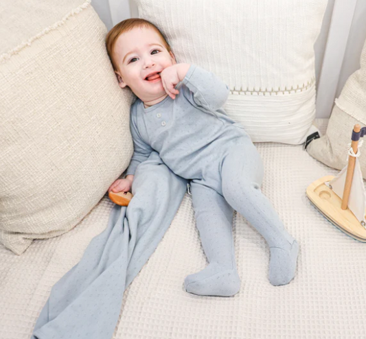 Simple Pointelle Footie and Beanie Set in Blue