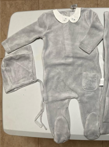 Embroidered Safety Pin Footie and Bonnet in Blue Smoke