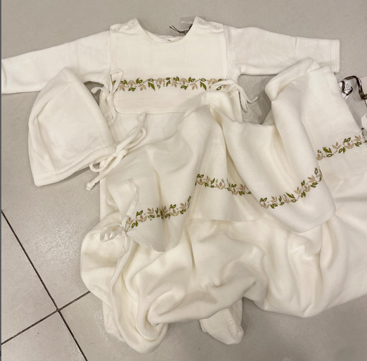 Velour Embroidered Bib Layette Set in Ivory