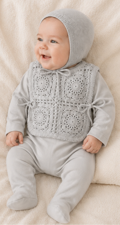 Crochet Pullover Vest & Bonnet in London Fog