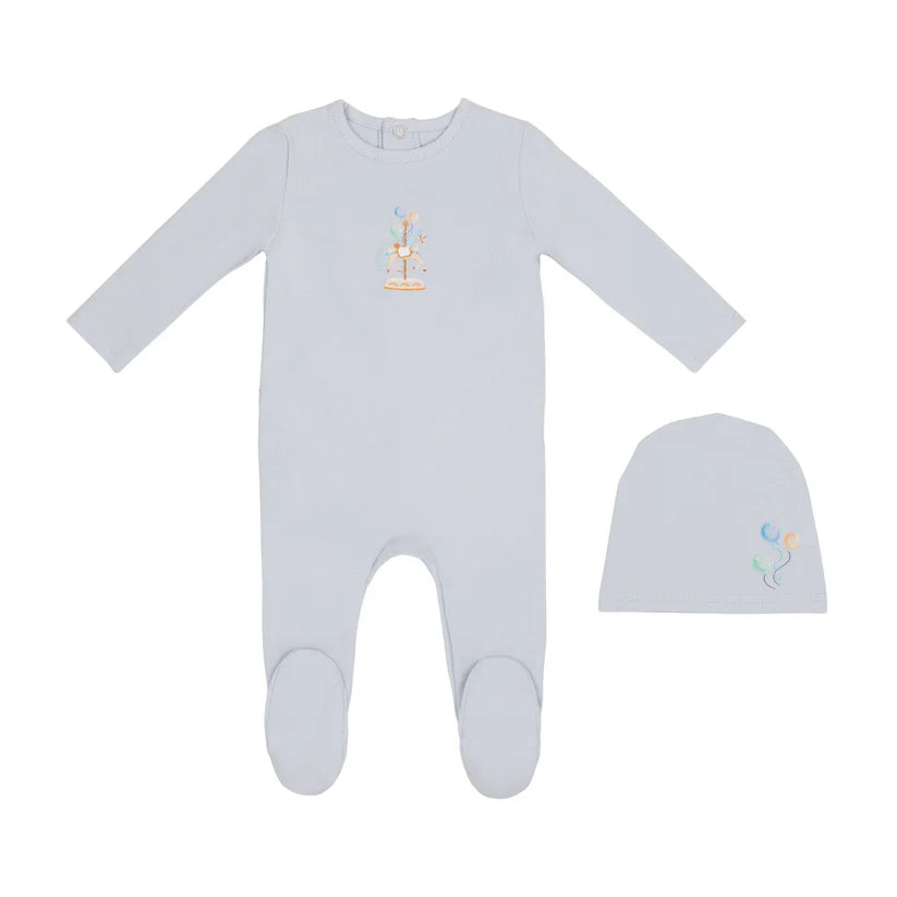 Carousel Print Footie and Beanie and Light Blue