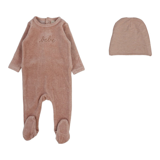 Velour Bebe Footie and Beanie in Heather Pink
