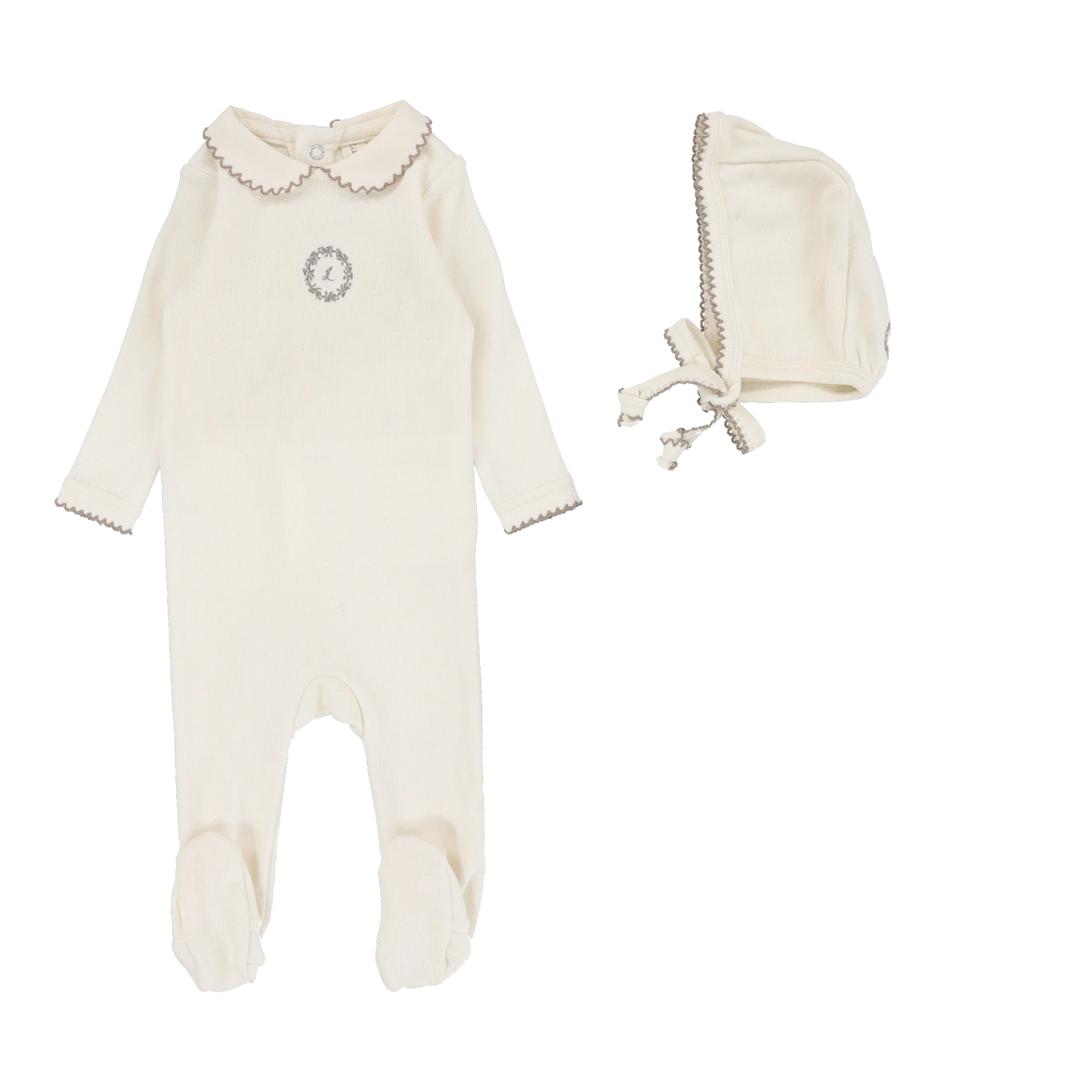 Emblem Embroidered Footie Set in Cream/Oat