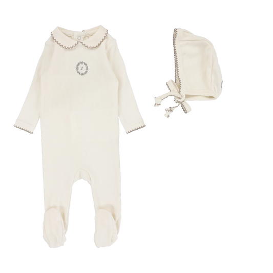 Emblem Embroidered Footie Set in Cream/Oat