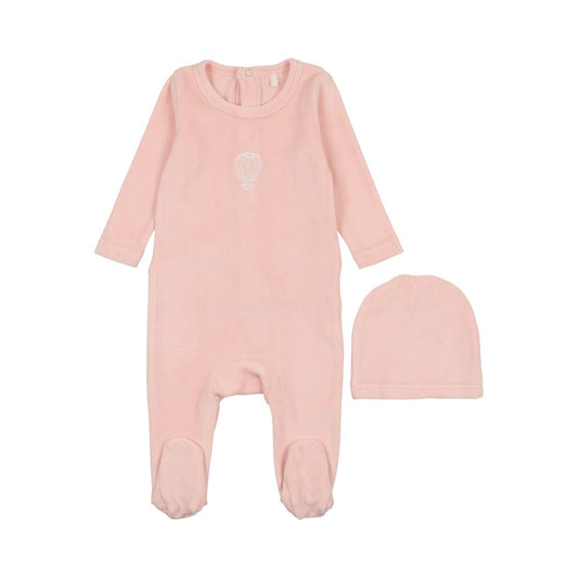 Velour Embroidered Footie and Beanie in Pink