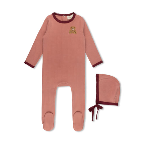Dusty Pink Pointelle Bear Patch Footie Set