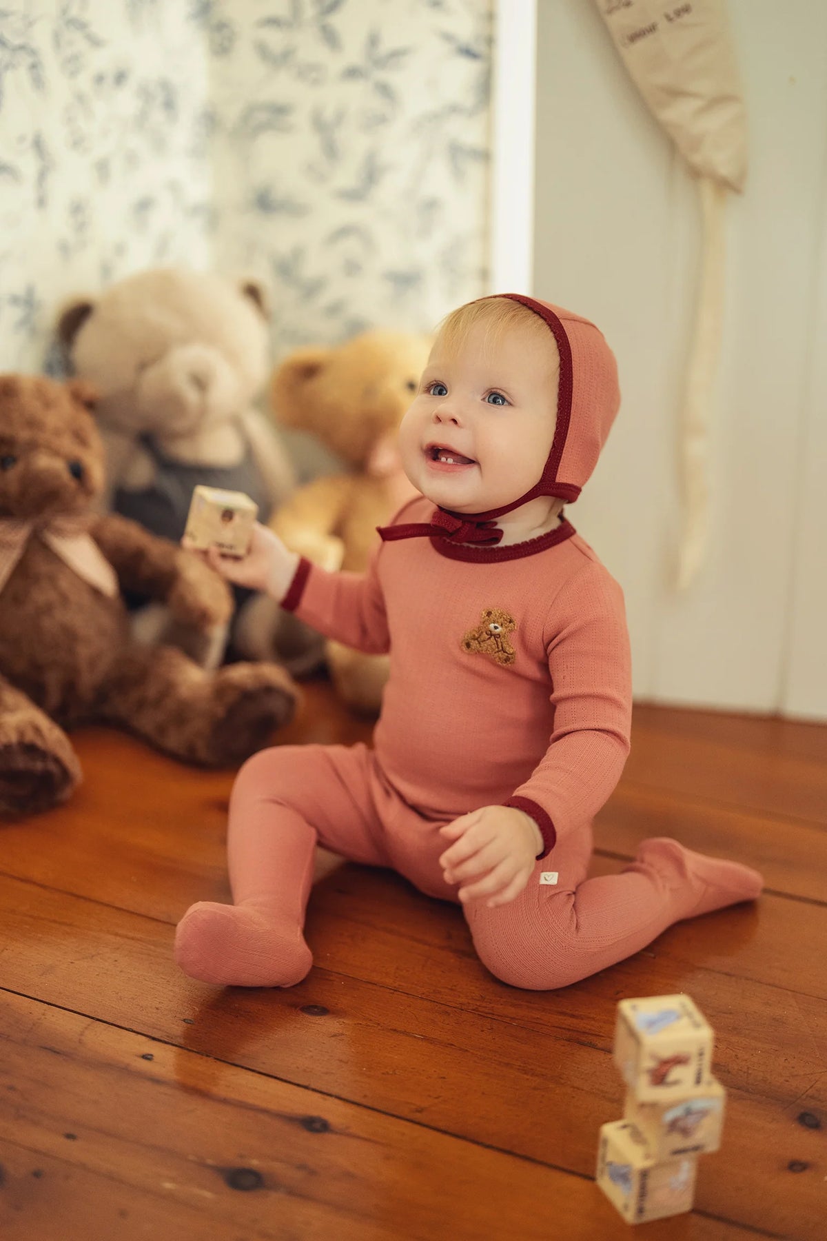 Dusty Pink Pointelle Bear Patch Footie Set