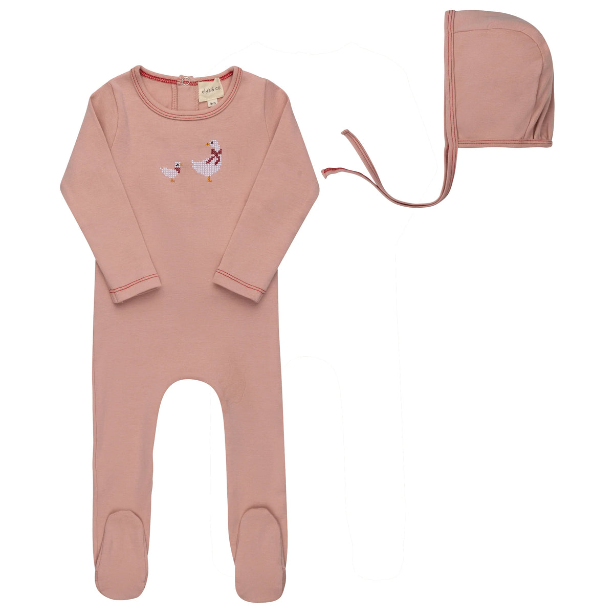 Cross Stitch Duckling Footie and Bonnet in Pink