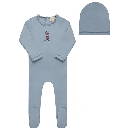 Cross Stitch Lighthouse Footie and Beanie in Blue
