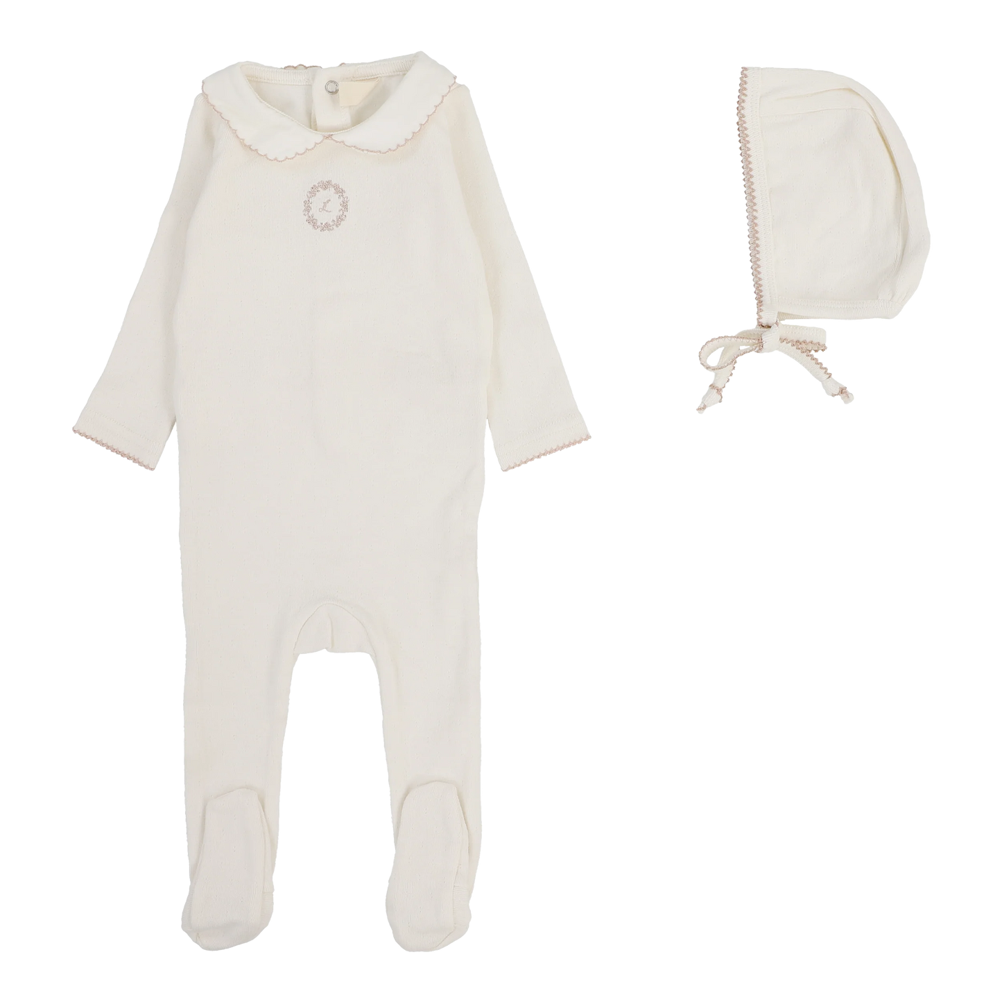 Emblem Embroidered Footie Set in Cream/Pink