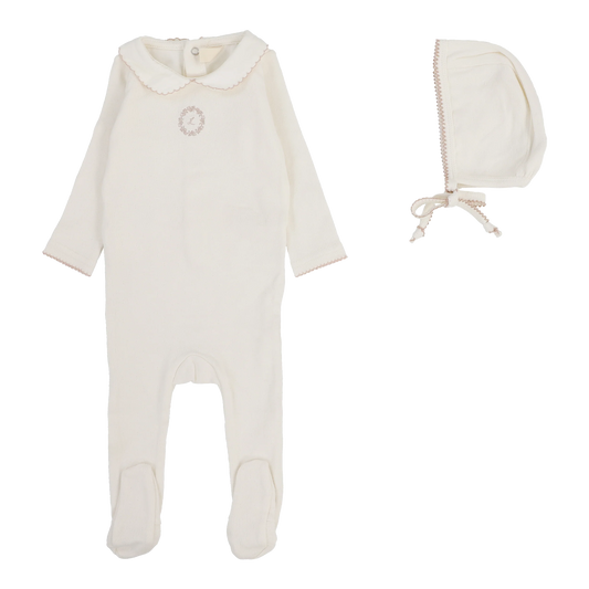 Emblem Embroidered Footie Set in Cream/Pink