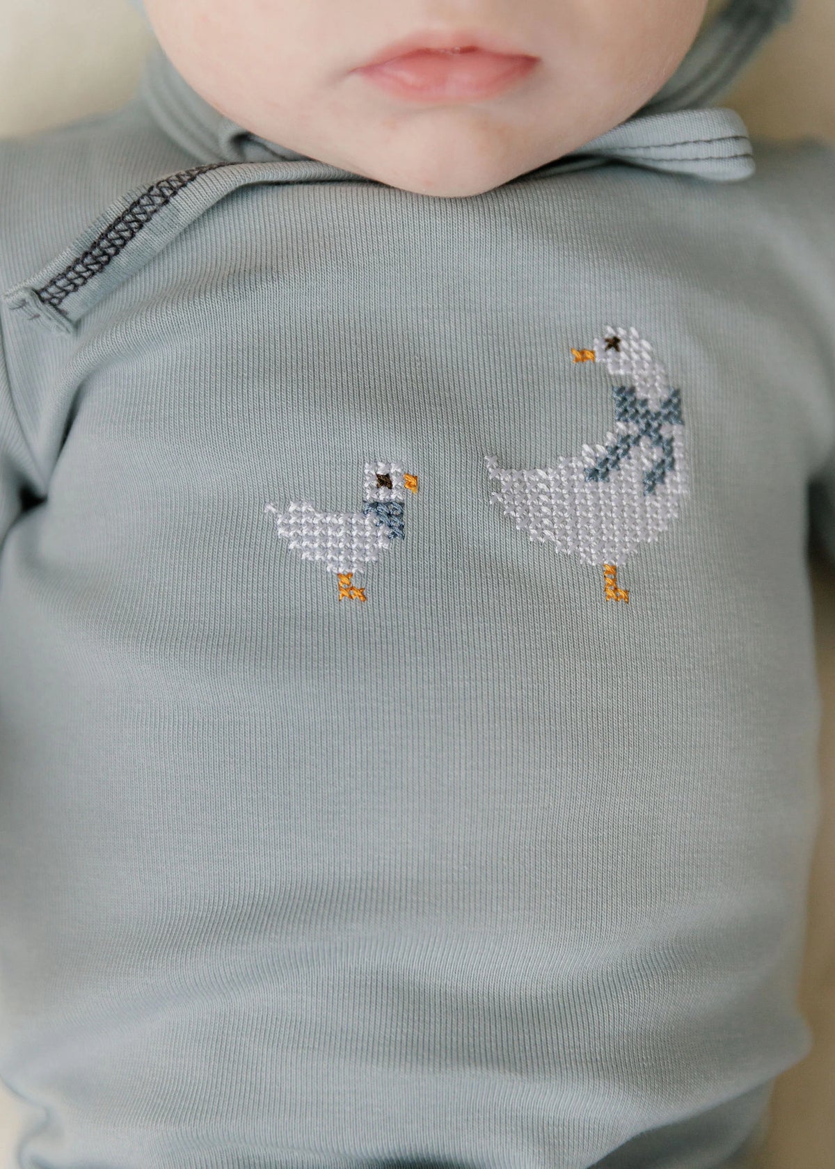 Cross Stitch Duckling Footie and Bonnet in Blue
