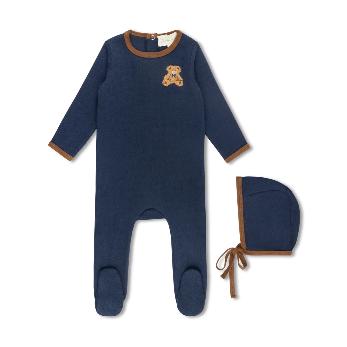 Navy Pointelle Bear Patch Footie Set