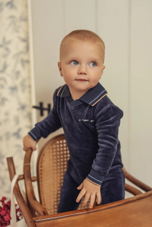 Navy Velour Polo Footie Set