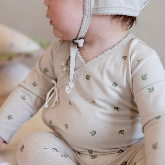 Jersey Cotton Vintage Leaf Footie and Bonnet in Sage