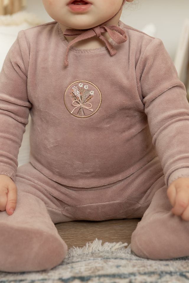 Embroidered Center Velour Footie Set in Hushed Violet - 12m