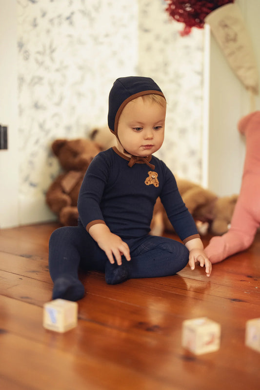 Navy Pointelle Bear Patch Footie Set