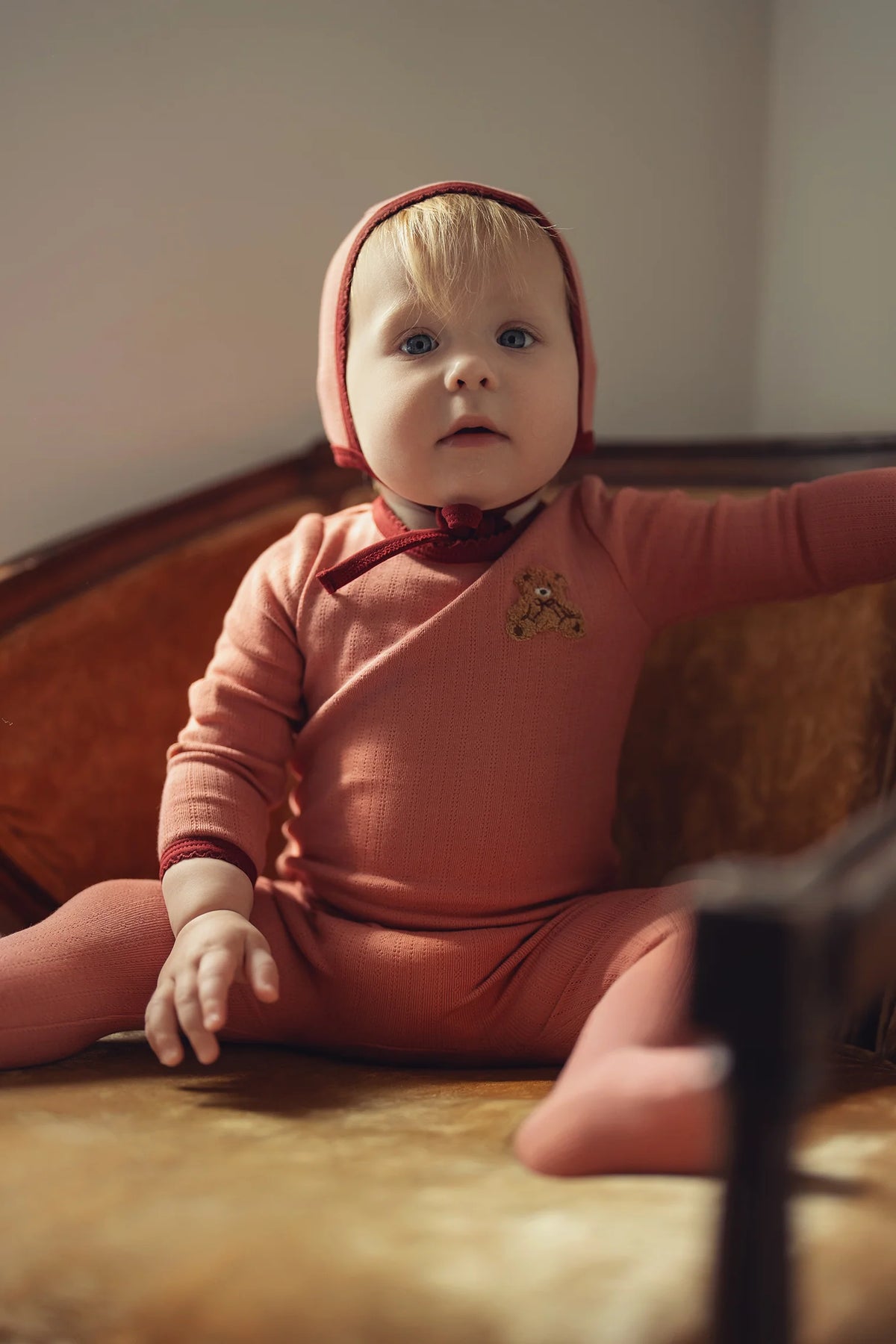 Dusty Pink Pointelle Bear Patch Footie Set