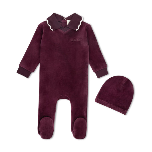 Deep Berry Velour Polo Footie Set