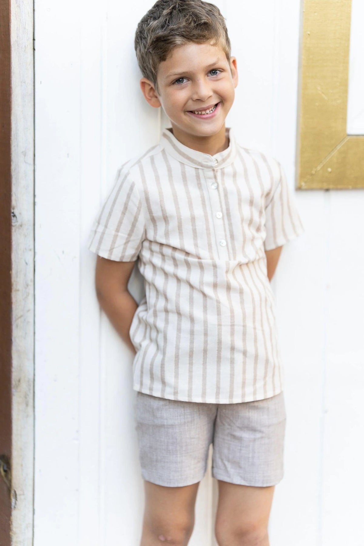 Pinstripe Boys Shirt in Sand
