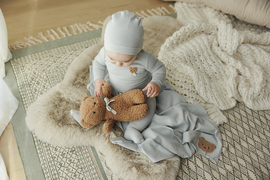 Bear Applique Footie and Beanie in Pale Blue