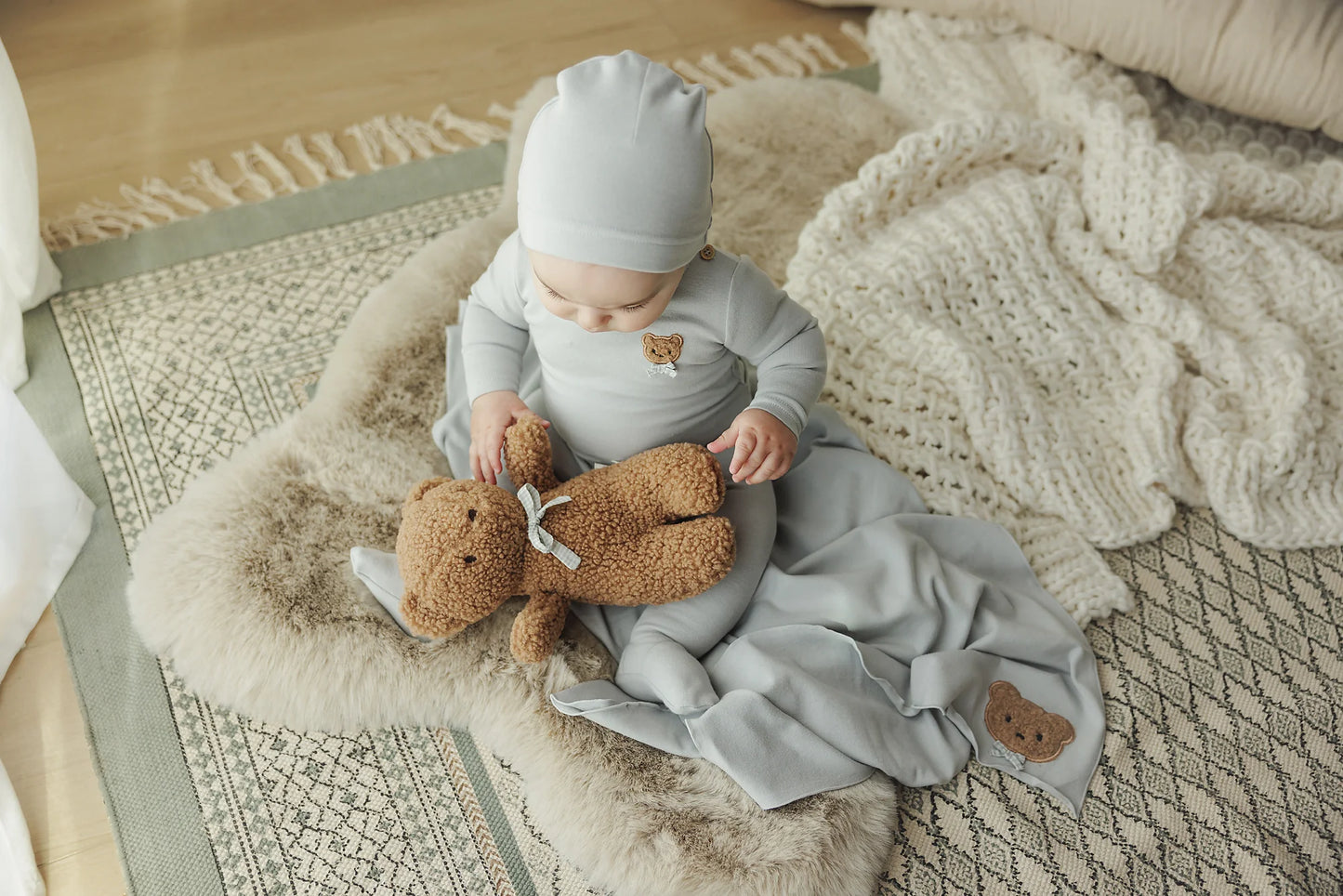 Bear Applique Layette Set in Pale Blue