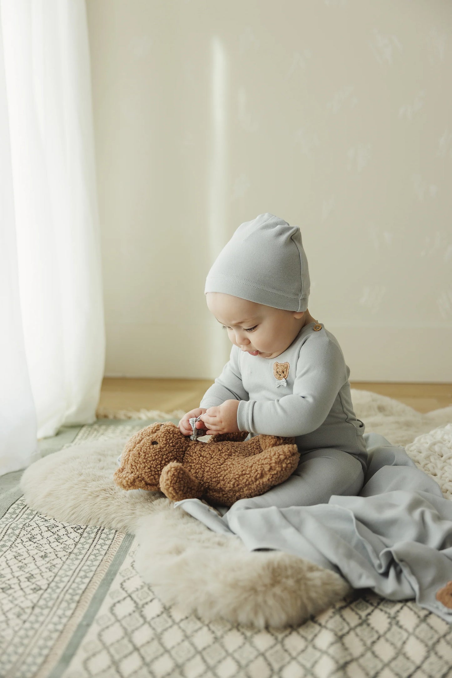 Bear Applique Layette Set in Pale Blue