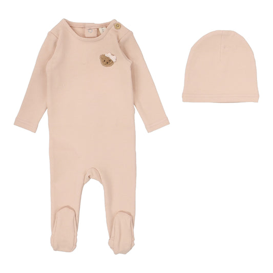 Bear Applique Footie and Beanie in Dusty Pink
