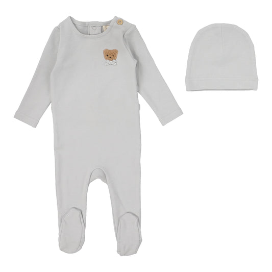 Bear Applique Footie and Beanie in Pale Blue