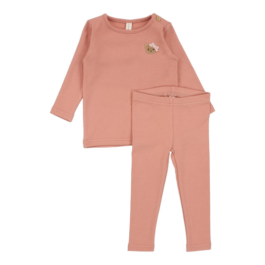 Lilette Bear Applique Lounge Set in Deep Pink